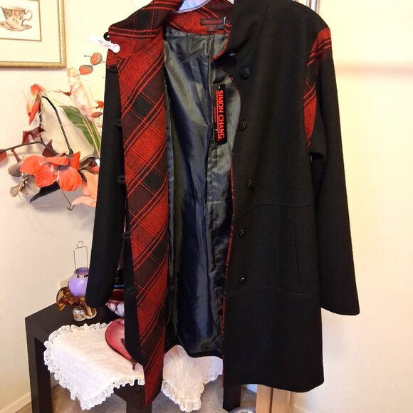 NWT Simon Chang Women's Black Wool Blend Lined Jacket Pea Coat Warm Outerwear L - Picture 13 of 13
